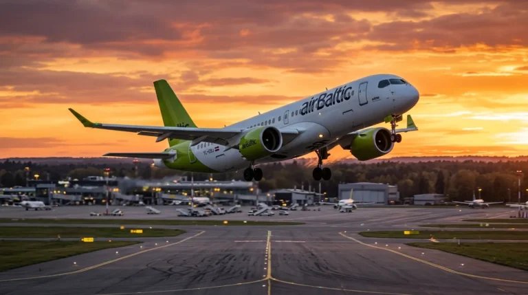 airBaltic lidmašīna paceļas gaisā no lidostas skrejceļa uz koša saulrieta debesu fona.