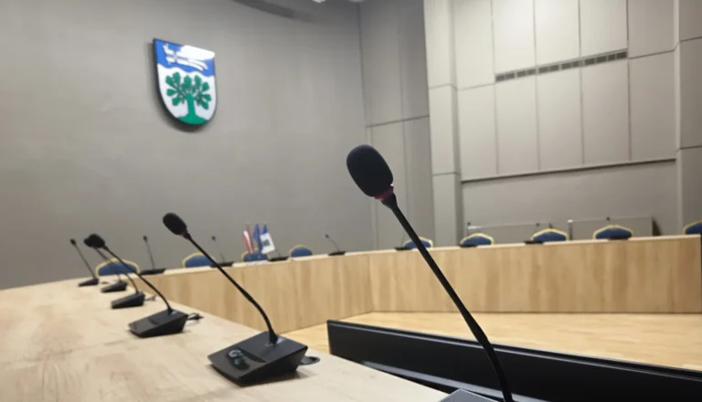 Vairāki mikrofoni uz koka galda konferenču zālē ar pilsētas ģerboni fonā pie pelēkas sienas.