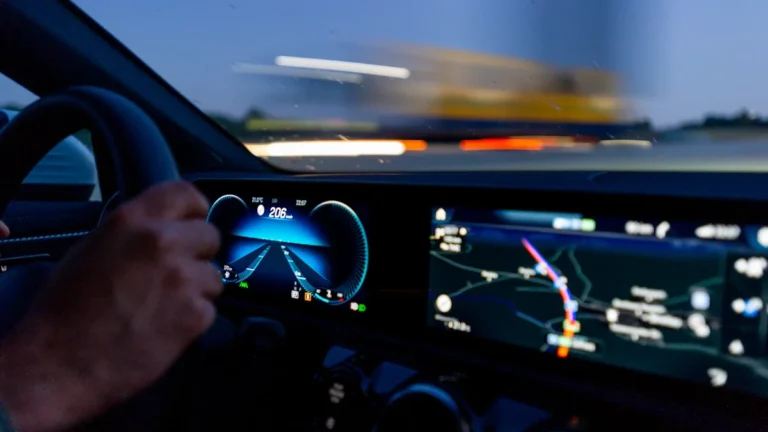 Mūsdienīga automobiļa digitālais instrumentu panelis ar navigācijas karti un vadītāja rokām uz stūres.
