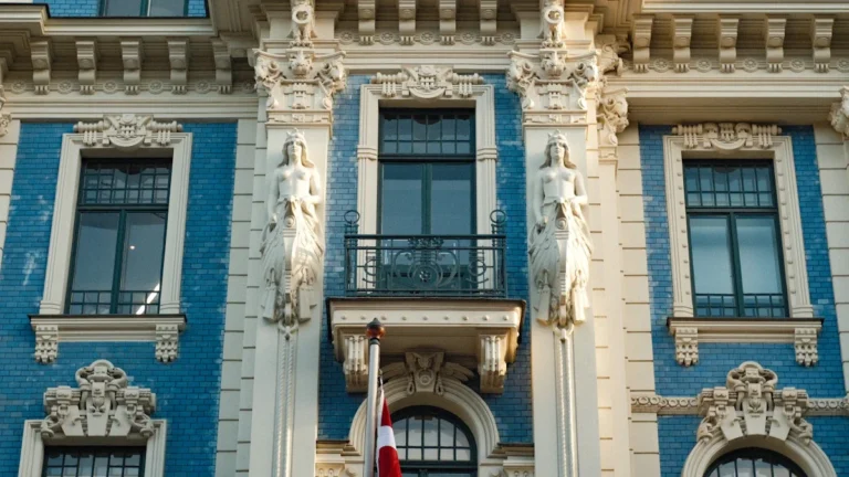 Latvijas karogs pie vēsturiskas ēkas fasādes, simbolizējot valsts nacionālo identitāti un nākotni.