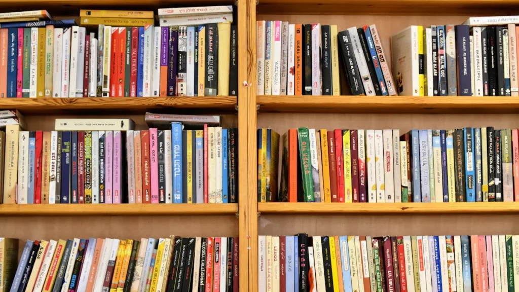 Krāsainu grāmatu rinda koka plauktos, kas simbolizē jauno un moderno bērnu bibliotēkas vidi.