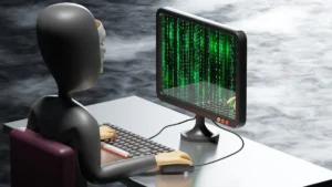 3D ilustrācija ar anonīmu tēlu pie datora ekrāna, kurā redzams zaļš digitāls kods.