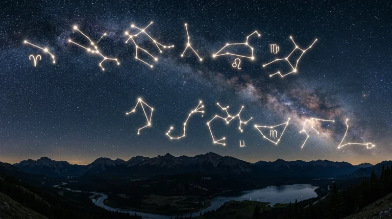 Zvaigžņotas nakts debesis ar Piena ceļu virs kalniem un mirdzošiem zodiaka zvaigznāju grafiskiem simboliem.