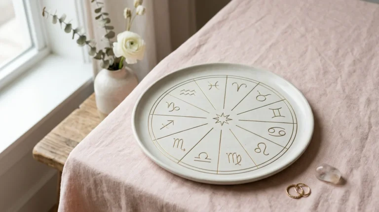 Balts keramikas šķīvis ar zelta zodiaka zīmēm uz rozā lina galdauta blakus ziedu vāzei.