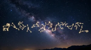 Zvaigžņotas nakts debesis ar Piena Ceļu un mirdzošiem zodiaka zvaigznājiem virs tumšiem kalnu siluetiem.