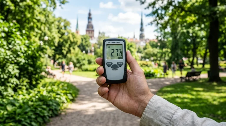 Roka tur digitālu termometru, kas rāda 27 grādus, uz zaļojoša parka un Rīgas torņu fona.