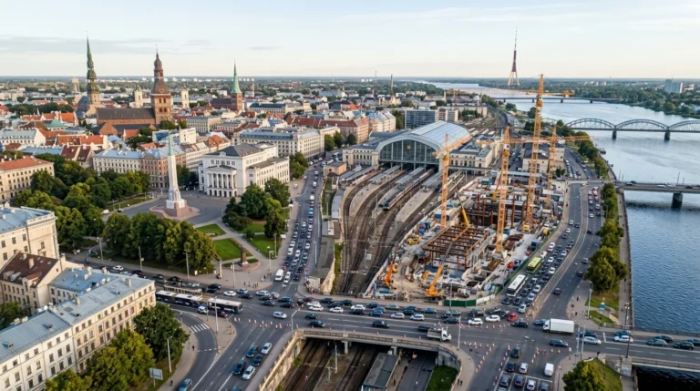 Aerofotoattēls ar Rīgas centrālo staciju, būvceltņiem, pilsētas satiksmi un Vecrīgas torņiem fonā.