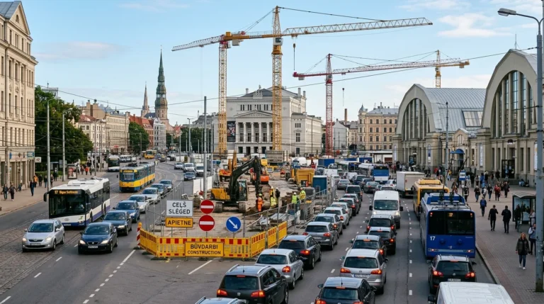 Rīgas iela ar intensīvu satiksmi, būvniecības celtņiem, ekskavatoriem un vēsturiskām ēkām pilsētas centrā.