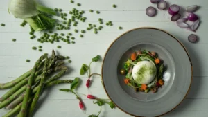 Gourmet restorāna pavasara maltīte ar burratas sieru, sparģeļiem un zirnīšiem Jelgavas gardēžu svētkos