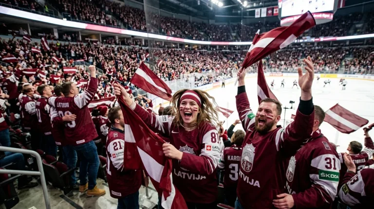 Priecīgi hokeja līdzjutēji Latvijas kreklos māj ar karogiem pārpildītā sporta arēnā pie ledus laukuma.