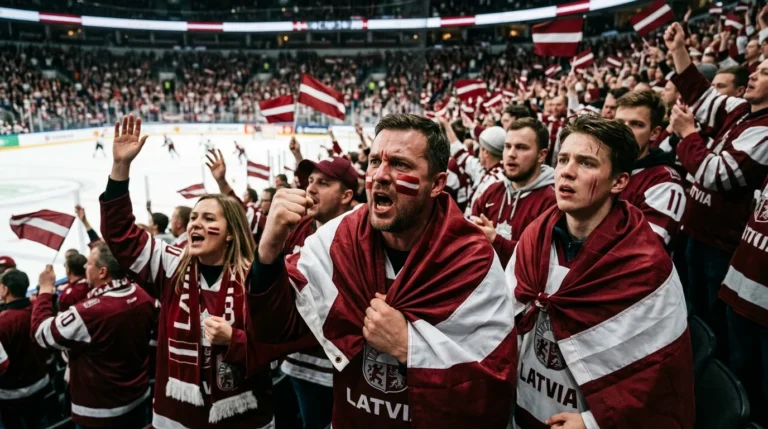 Latvijas hokeja līdzjutēji sarkanbaltsarkanos kreklos kaislīgi uzgavilē arēnā, turot karogus un saucot saukļus.