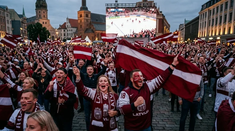 Liels pūlis ar Latvijas hokeja faniem un karogiem skatās spēli uz milzīga ekrāna vecpilsētā.