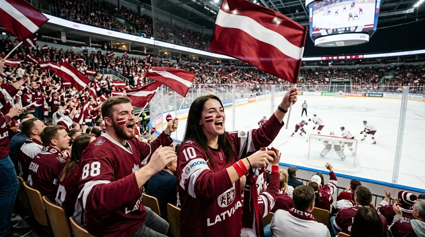 Latvijas hokeja fani sarkanbaltsarkanos kreklos kaislīgi uzgavilē un vicina karogus pārpildītā hokeja arēnā.