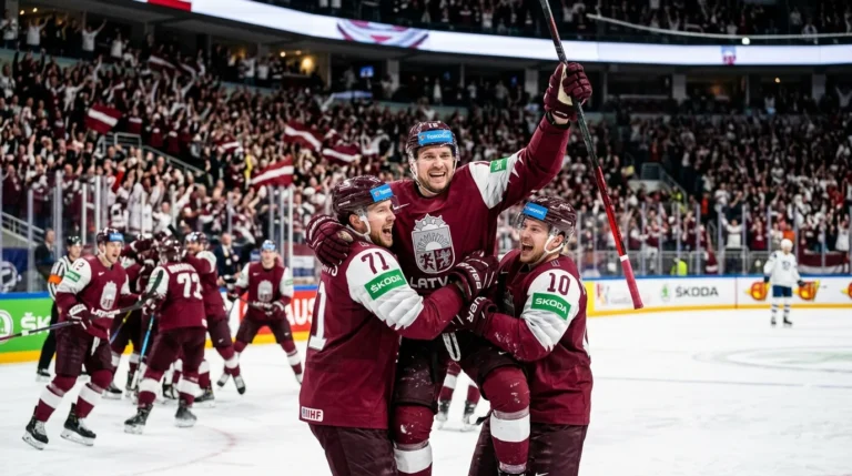 Trīs Latvijas hokejisti bordo krāsas formās priecājas uz ledus, fonā gavilējoši līdzjutēji ar karogiem.