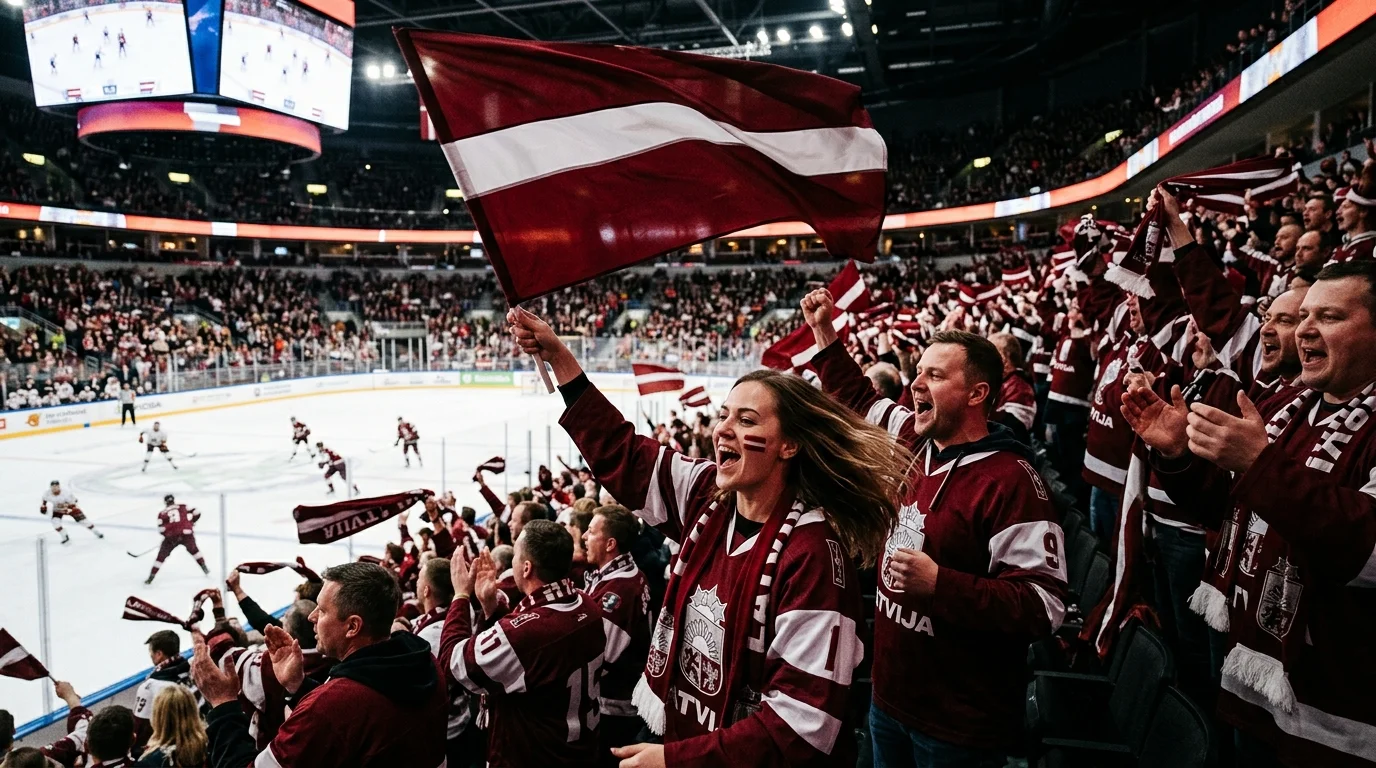 Jauna sieviete māj ar Latvijas karogu, apkārt kaislīgi fani sarkanbaltsarkanos kreklos hokeja spēles laikā.