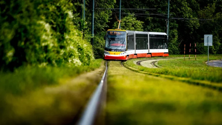 Moderns sarkans un balts tramvajs pārvietojas pa zaļu, zālājam klātu sliežu ceļu saulainā dienā.