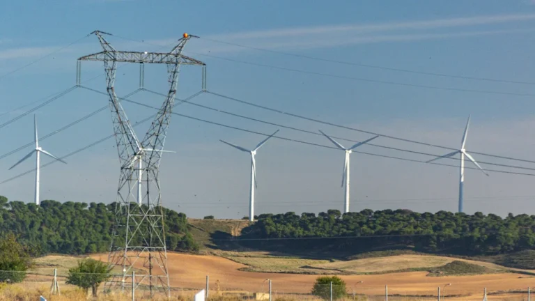 Augstsprieguma elektrolīnijas balsts priekšplānā un vēja turbīnas tālumā uz lauka fona.