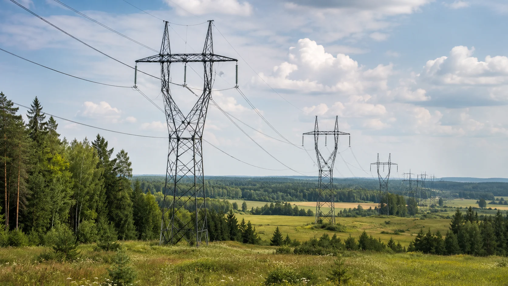 Augstsprieguma elektrības līnijas metāla balsti stiepjas pāri zaļām pļavām un mežiem zem mākoņainām debesīm.
