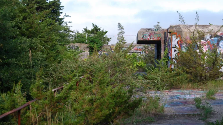 Pamests un aizaudzis betona bunkurs ar grafiti zīmējumiem, kas simbolizē vēsturiskas aizsardzības līnijas.
