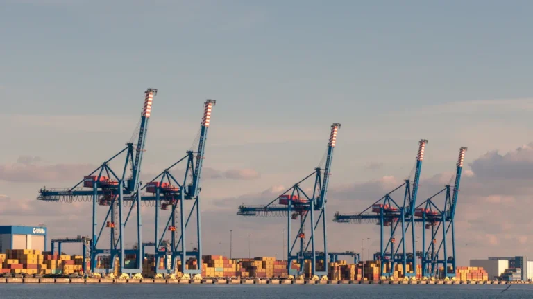 Lieli industriālie ostas krāni Klaipēdas ostā pie Kuršu jomas uz mākoņainu debesu fona.