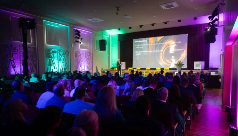 Sieviete uzstājas uz skatuves lielas auditorijas priekšā zālē ar krāsainu apgaismojumu un projekcijas ekrānu.