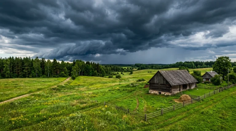 Tumši, draudīgi negaisa mākoņi virs zaļas lauku ainavas ar koka ēkām un mežu.