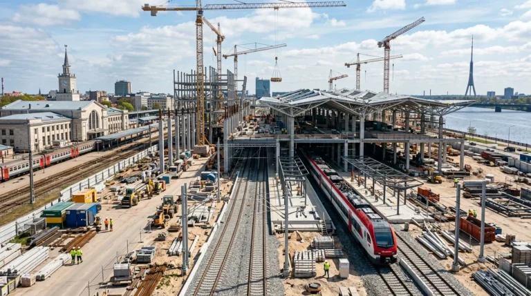 Liels būvlaukums ar ceļamkrāniem, topošo stacijas ēku, sarkanu vilcienu un Rīgas panorāmu fonā.