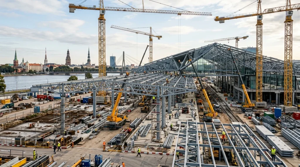 Liels būvlaukums ar dzelteniem celtņiem un metāla konstrukcijām uz Rīgas panorāmas un Daugavas fona.