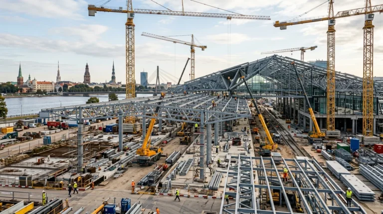 Liels būvlaukums ar dzelteniem celtņiem un metāla konstrukcijām uz Rīgas panorāmas un Daugavas fona.