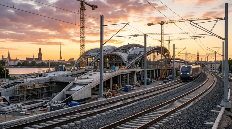 Moderns dzelzceļa stacijas būvlaukums ar celtņiem, sliedēm un vilcienu uz Rīgas panorāmas fona saulrietā.