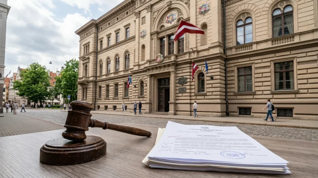 Koka tiesneša āmurs un dokumentu kaudze uz galda Latvijas Republikas Saeimas ēkas fonā.
