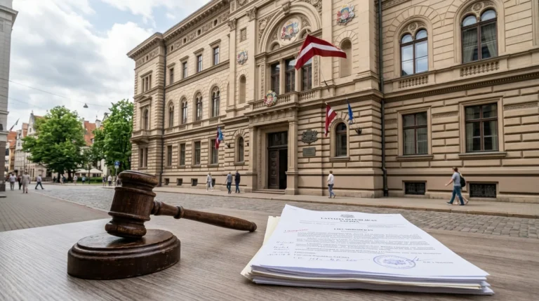 Koka tiesneša āmurs un dokumentu kaudze uz galda Latvijas Republikas Saeimas ēkas fonā.