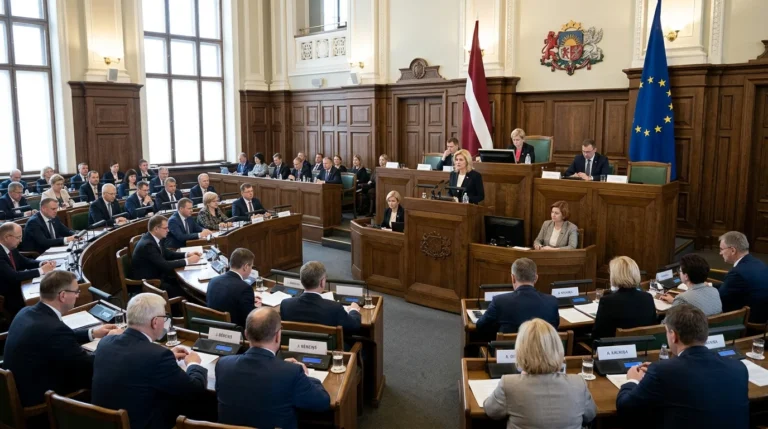 Latvijas Saeimas deputāti sēž pie koka galdiem, kamēr sieviete runā no tribīnes Saeimas sēžu zālē.