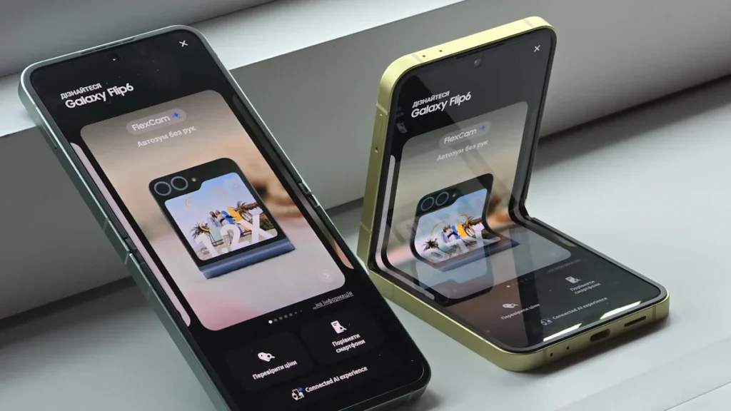 Samsung Galaxy Flip6 viedtālruņi, kas simbolizē uzņēmuma jaunākās tehnoloģijas un tēlu