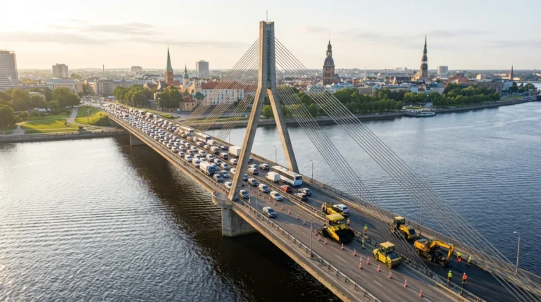 Skats no augšas uz Vanšu tiltu Rīgā ar lielu sastrēgumu un ceļu būves tehniku.