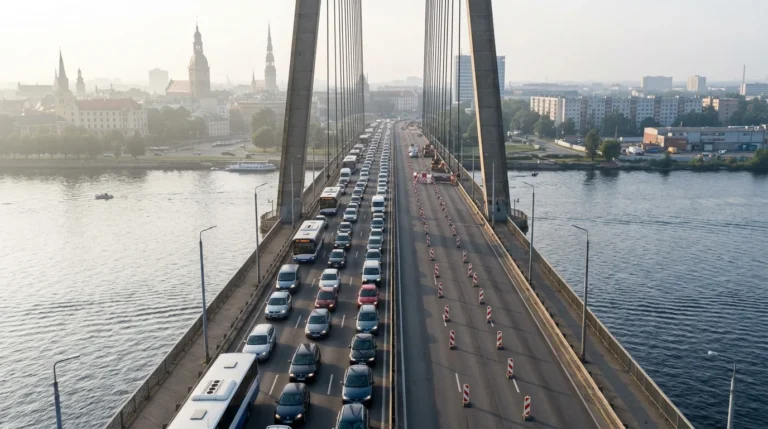 Automašīnu rinda uz Vanšu tilta Rīgā, blakus norobežota josla ar ceļa zīmēm un pilsētas siluets.