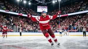 Latvijas hokejists sarkanā formā līksmo uz ledus ar paceltām rokām, aizmugurē gavilējoši līdzjutēji un karogi.