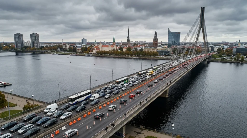 Vanšu tilts Rīgā ar intensīvu automašīnu satiksmi un fonā redzamu Vecrīgas panorāmu zem mākoņainām debesīm.
