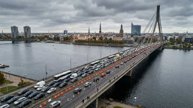 Vanšu tilts Rīgā ar intensīvu automašīnu satiksmi un fonā redzamu Vecrīgas panorāmu zem mākoņainām debesīm.