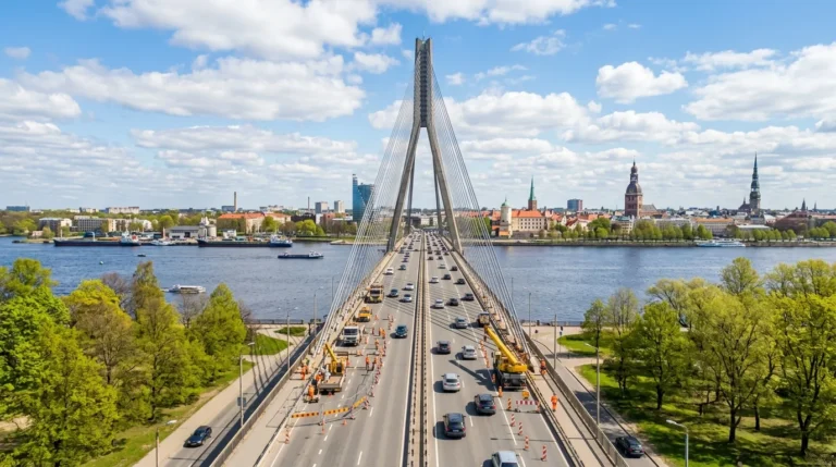 Skats no augšas uz Vanšu tiltu Rīgā ar automašīnām, strādniekiem un Vecrīgas panorāmu fonā.