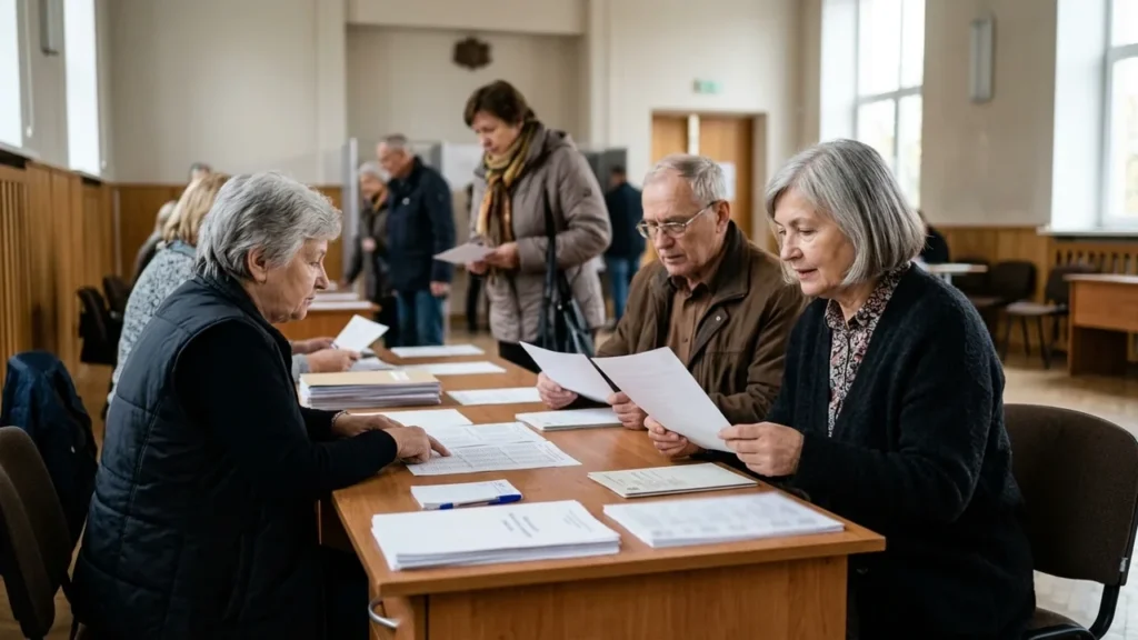 Vēlēšanu komisijas locekļi un vēlētāji sēž pie galdiem un pārbauda oficiālus dokumentus vēlēšanu iecirknī.