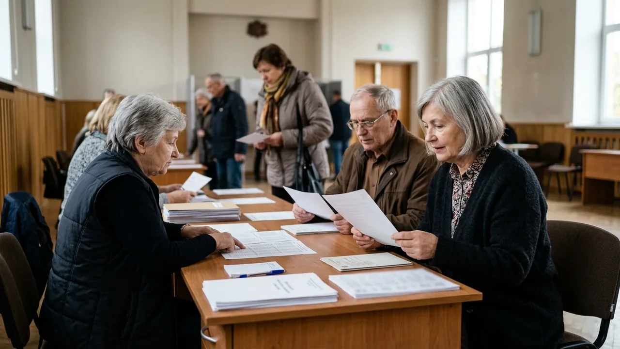 Vēlēšanu komisijas locekļi un vēlētāji sēž pie galdiem un pārbauda oficiālus dokumentus vēlēšanu iecirknī.