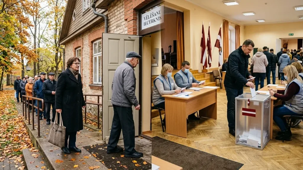 Vēlētāji rindā dodas uz vēlēšanu iecirkni, kurā vīrietis iemet biļetenu caurspīdīgā balsošanas urnā.