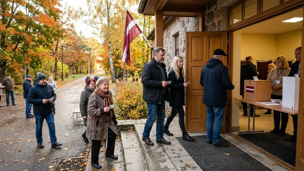 Cilvēki rudenīgā dienā dodas iekšā vēlēšanu iecirknī ar Latvijas karogu pie ēkas sienas.