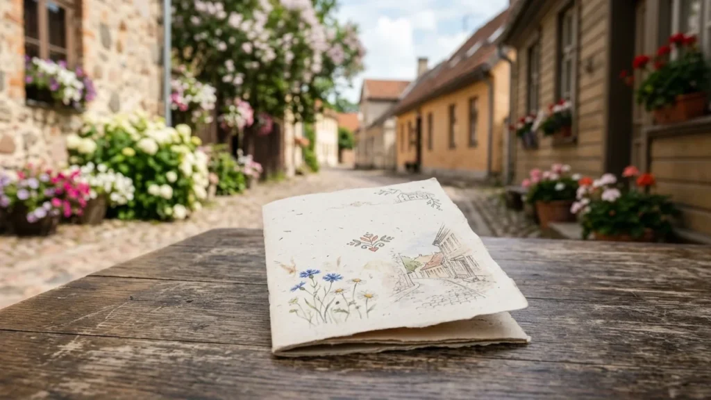 Uz koka galda atrodas papīra lapiņa ar ilustrētu ziedu un vecpilsētas ielas zīmējumu.