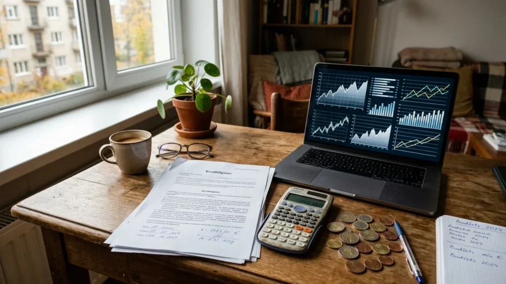 Koka galds ar portatīvo datoru, finanšu diagrammām, kredītlīgumu, kalkulatoru un monētu kaudzīti.