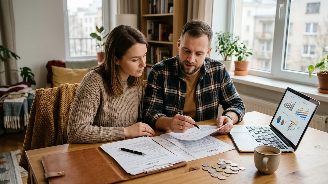Vīrietis un sieviete pie galda mājās kopā izskata līgumus un finanšu grafikus datorā.