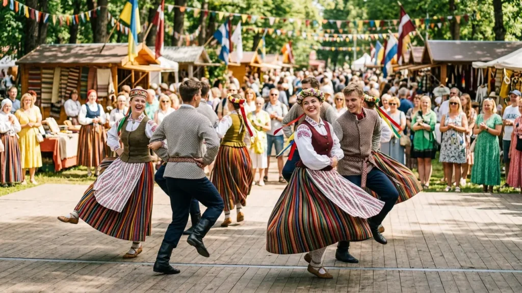 Priecīgi dejotāji tautastērpos dejo uz koka skatuves festivāla gadatirgū ar daudzkrāsainiem karogiem.