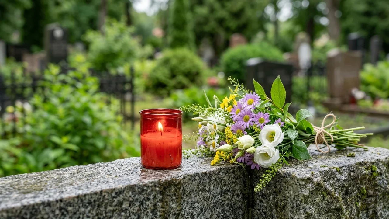Sarkana degoša svece un ziedu pušķis uz akmens kapa pieminekļa zaļajā kapsētā.
