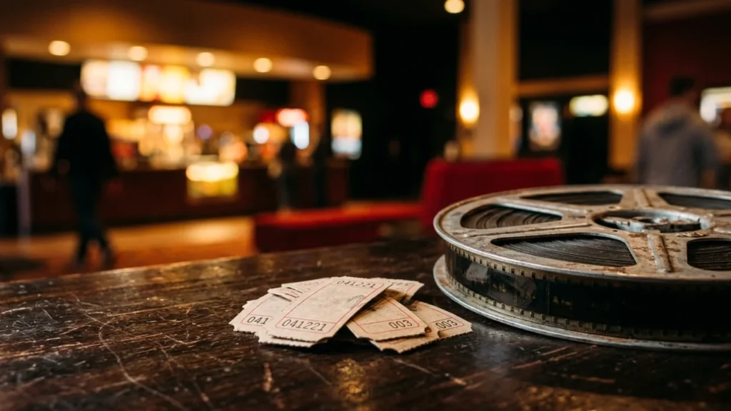Kino filmas rullis un vecas ieejas biļetes novietotas uz tumšas koka letes kinoteātra foajē.